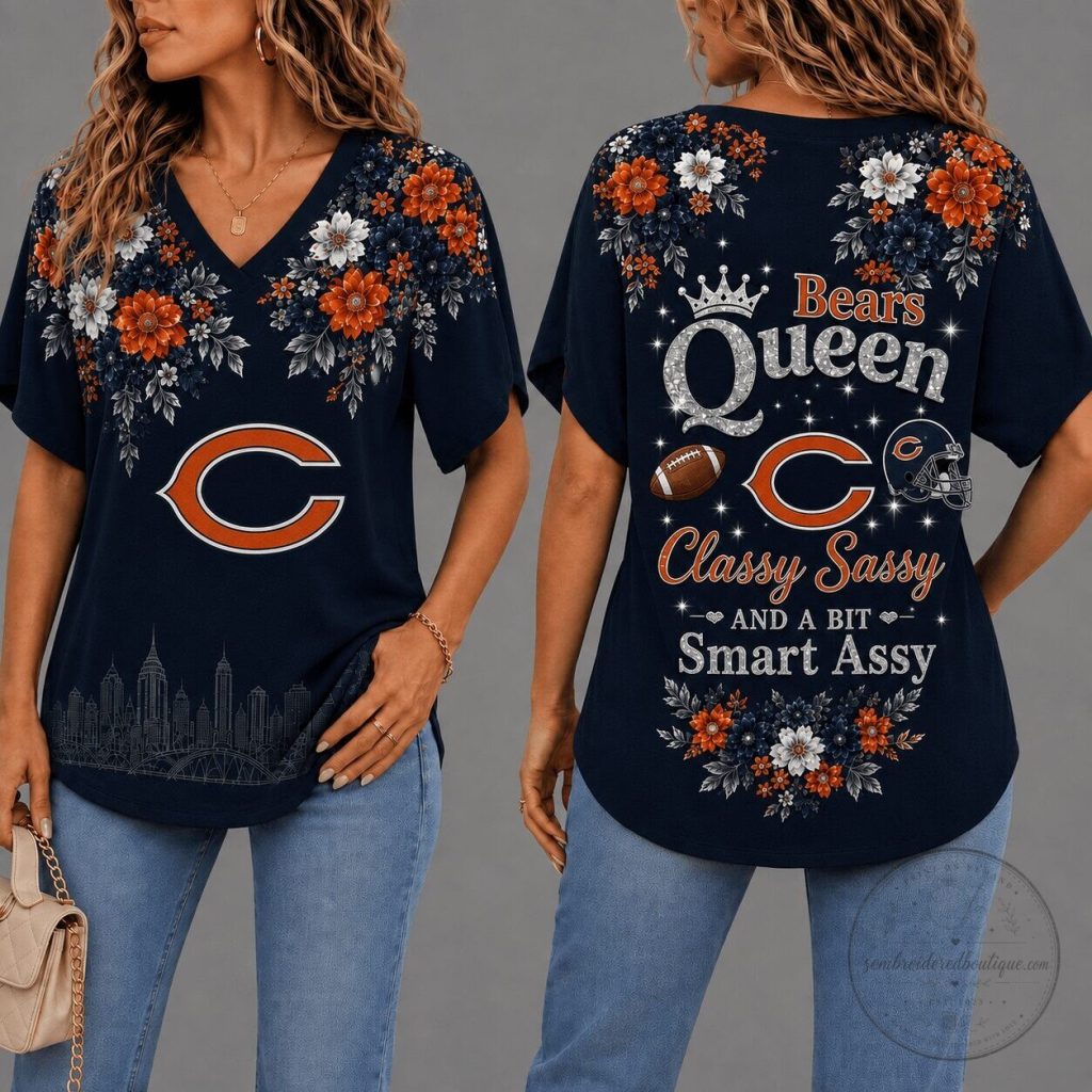 Chicago Bears Queen Classy Sassy Floral V-Neck Short Sleeve T-Shirt Chicago Bears Queen Classy Sassy Floral V-Neck Short Sleeve T-Shirt