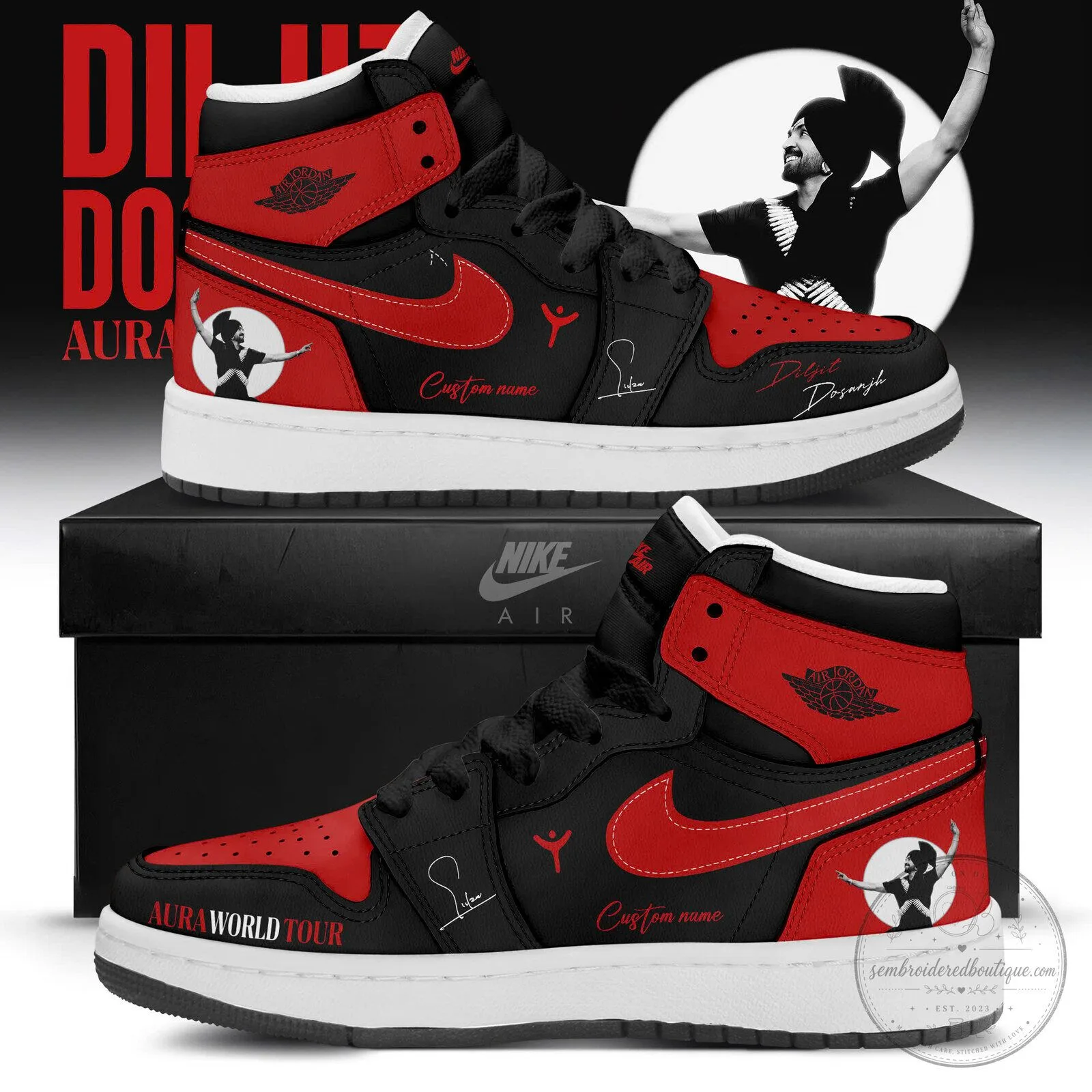 Diljit Dosanjh Aura World Tour 2026 Custom Name Red and Black High-Top Sneakers