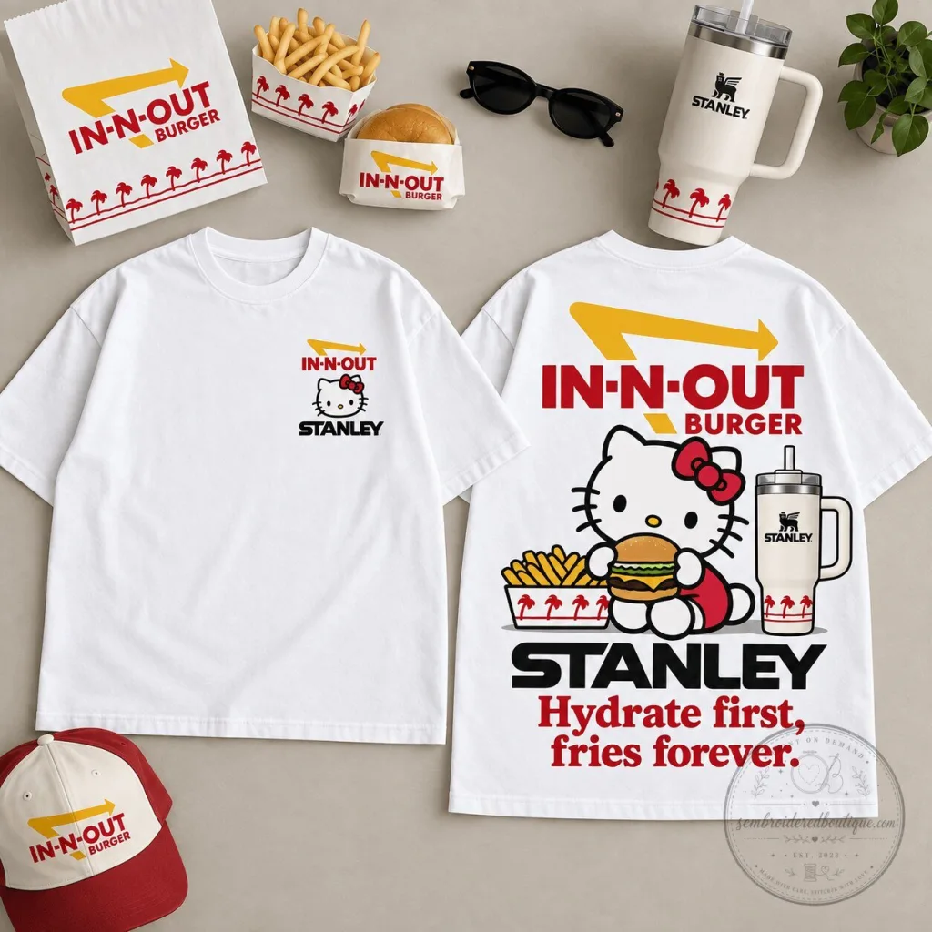 Hello Kitty In-N-Out Burger Stanley Hydrate First Fries Forever T-Shirt Hello Kitty In-N-Out Burger Stanley Hydrate First Fries Forever T-Shirt
