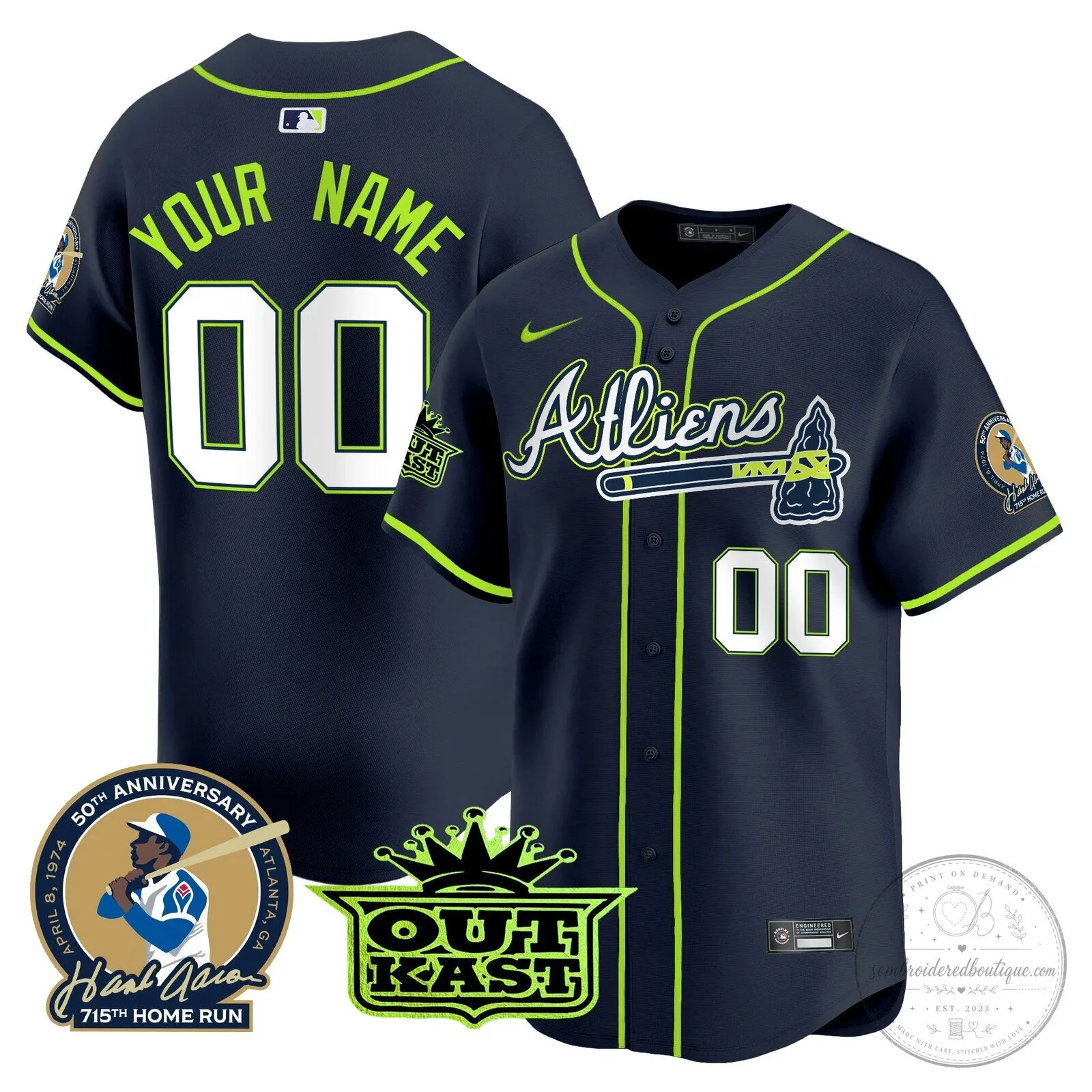 Atlanta Braves Atl vs GB Baseball Jersey with Hank Aaron and Outkast Patches 2 Atlanta Braves Atl vs GB Baseball Jersey with Hank Aaron and Outkast Patches