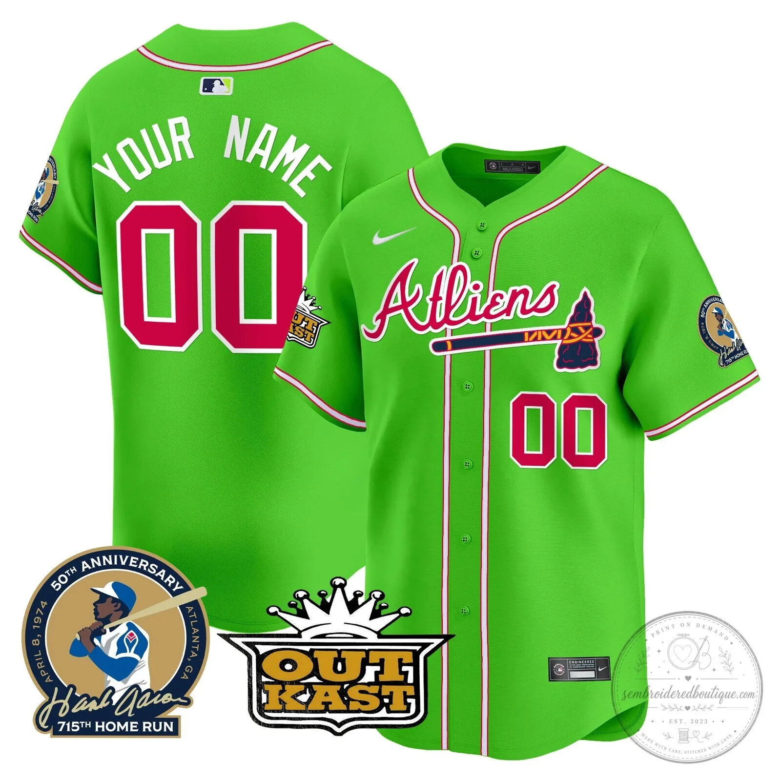 Atlanta Braves Atl vs GB Baseball Jersey with Hank Aaron and Outkast Patches 11 Atlanta Braves Atl vs GB Baseball Jersey with Hank Aaron and Outkast Patches