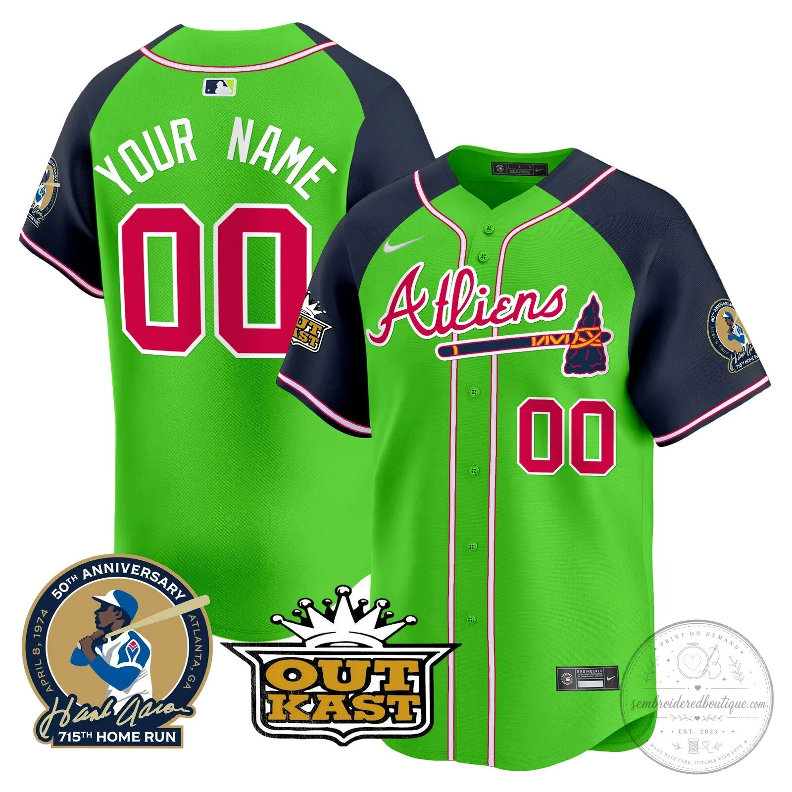 Atlanta Braves Atl vs GB Baseball Jersey with Hank Aaron and Outkast Patches 12 Atlanta Braves Atl vs GB Baseball Jersey with Hank Aaron and Outkast Patches