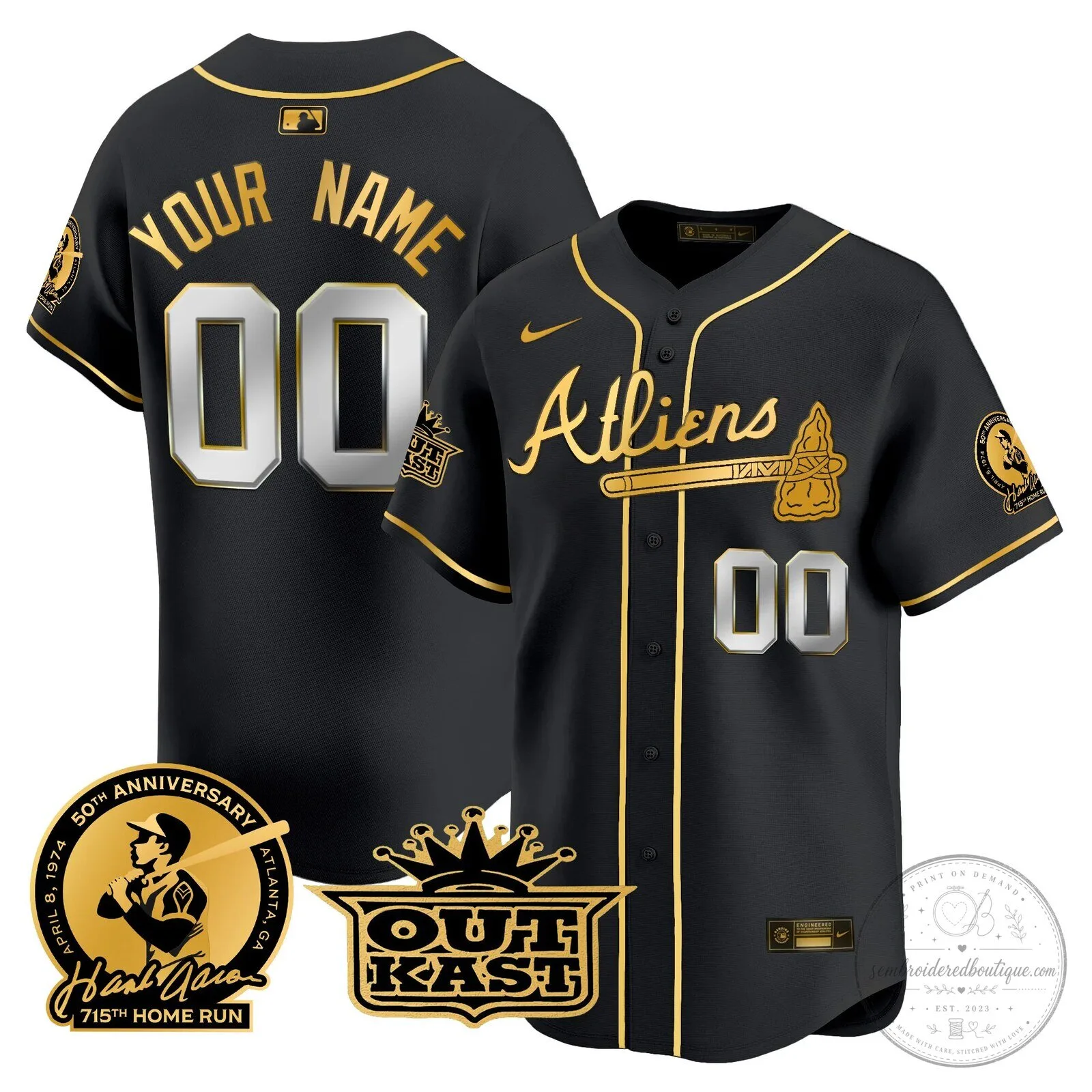 Atlanta Braves Atl vs GB Baseball Jersey with Hank Aaron and Outkast Patches 13 Atlanta Braves Atl vs GB Baseball Jersey with Hank Aaron and Outkast Patches
