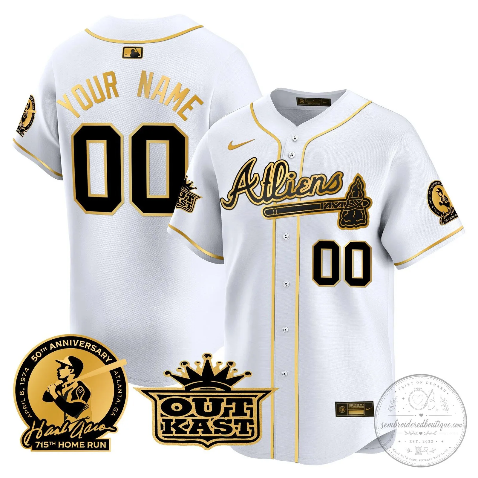 Atlanta Braves Atl vs GB Baseball Jersey with Hank Aaron and Outkast Patches 14 Atlanta Braves Atl vs GB Baseball Jersey with Hank Aaron and Outkast Patches