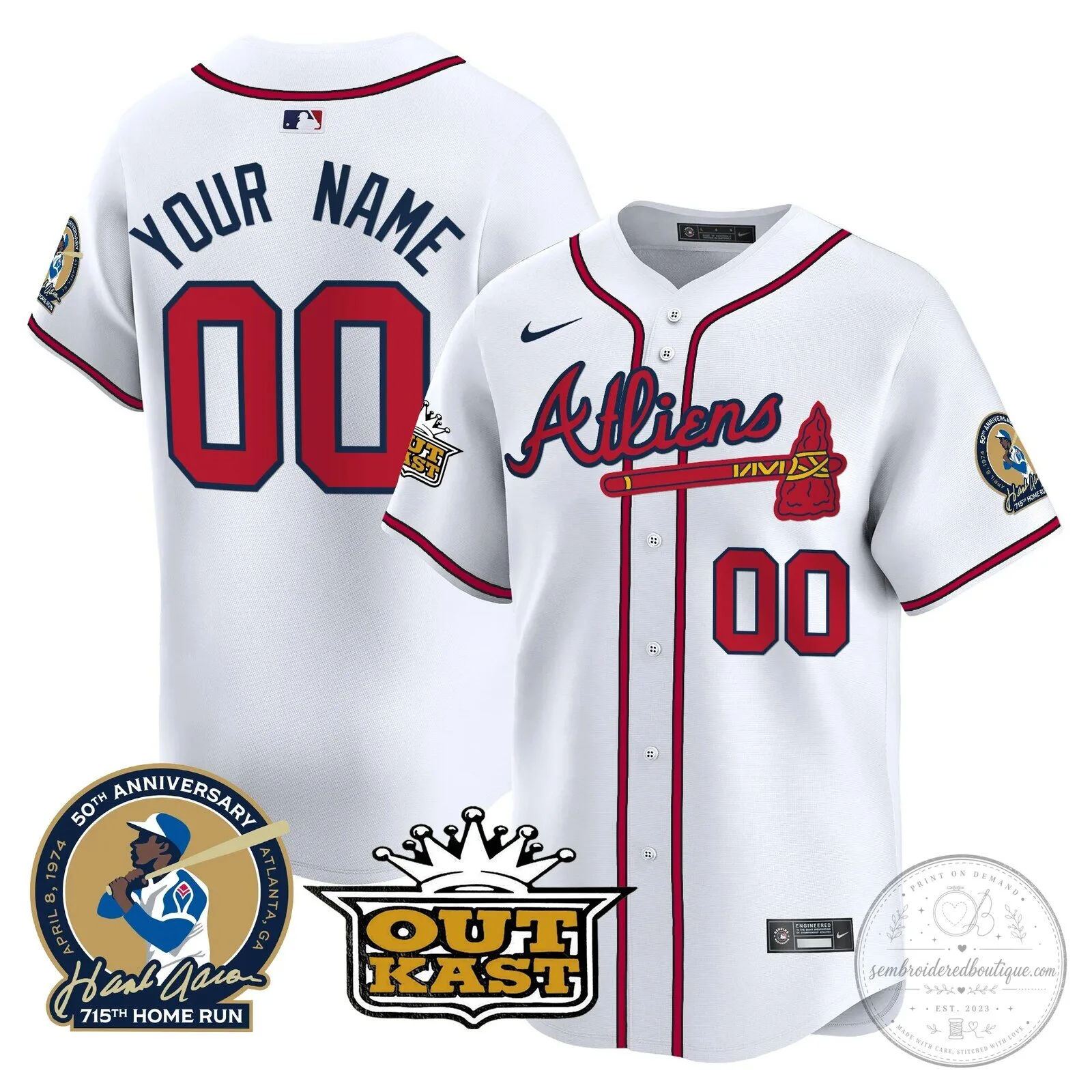 Atlanta Braves Atl vs GB Baseball Jersey with Hank Aaron and Outkast Patches 15 Atlanta Braves Atl vs GB Baseball Jersey with Hank Aaron and Outkast Patches