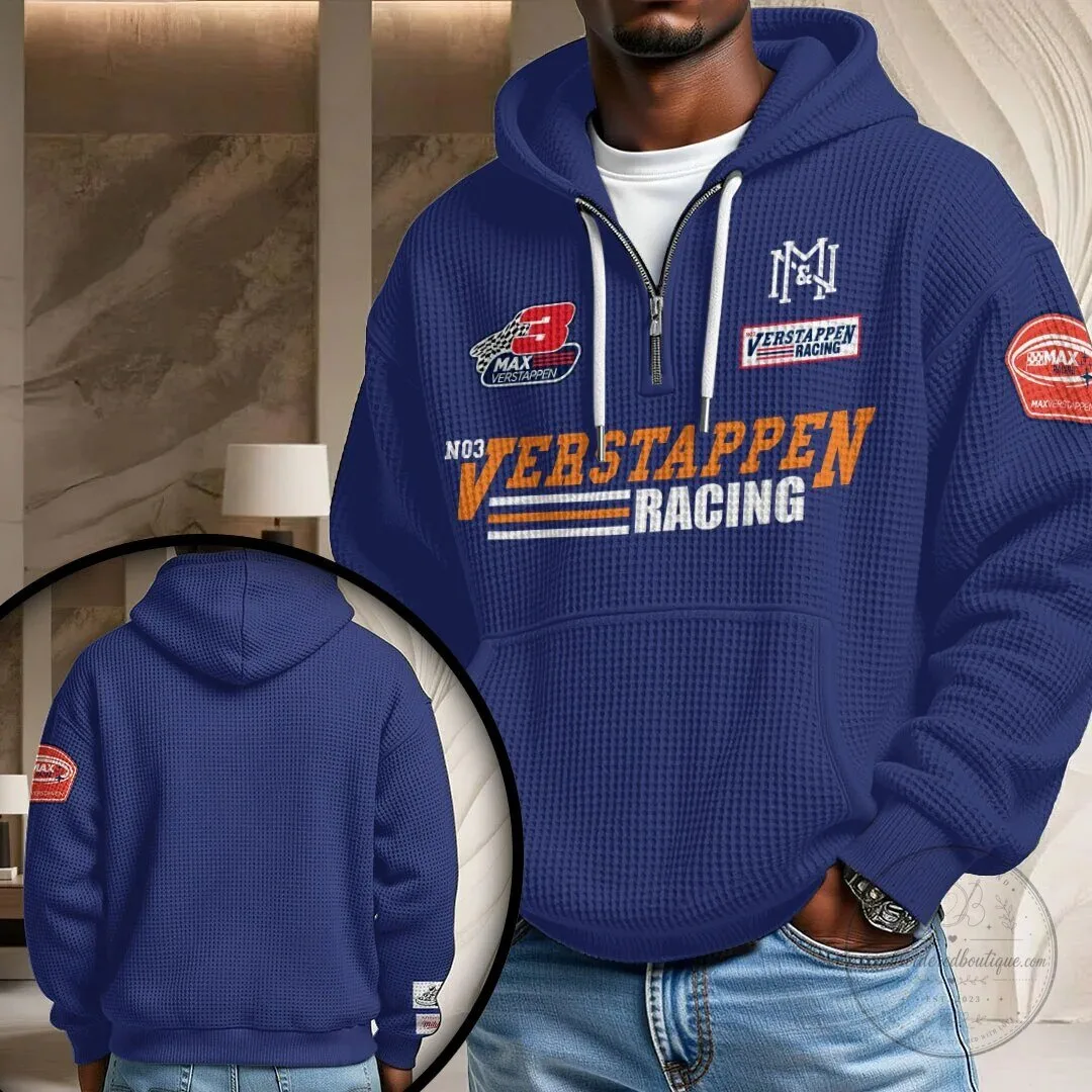 Max Verstappen Racing Formula 1 Driver Blue Waffle Knit Hoodie