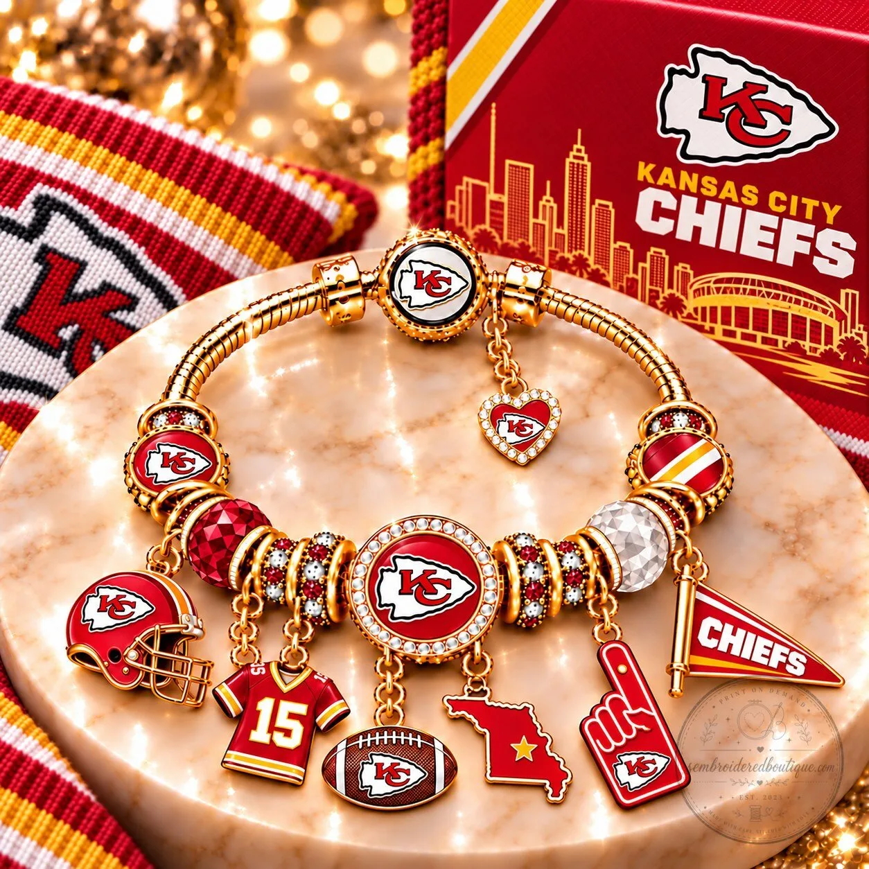 Kansas City Chiefs Gold Charm Bracelet with Football Helmet and Jersey Charms