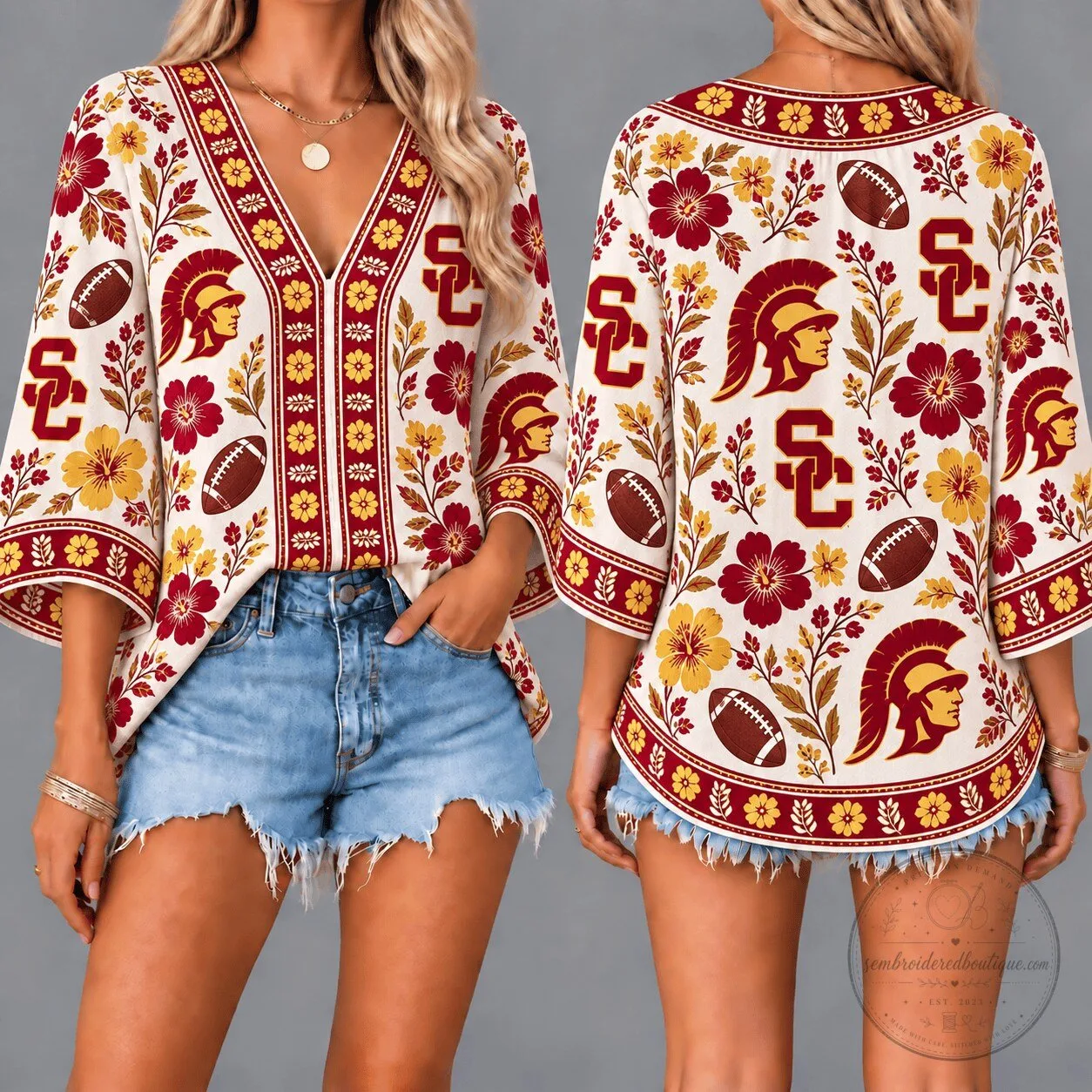 University of Southern California Trojans Floral Football V-Neck Blouse