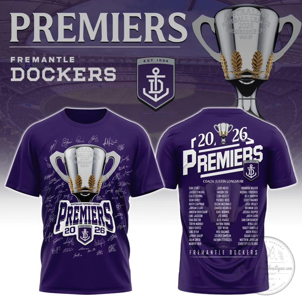 Fremantle Dockers Australian Football League 2026 Premiers Commemorative T-Shirt 7 Fremantle Dockers Australian Football League 2026 Premiers Commemorative T-Shirt