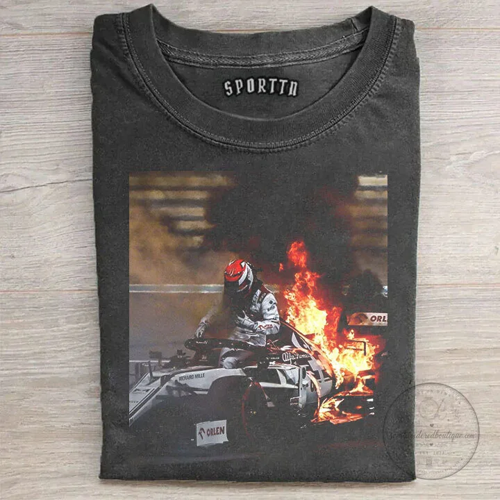 Kimi Raikkonen Formula 1 Racing Car Fire Accident Graphic T-Shirt