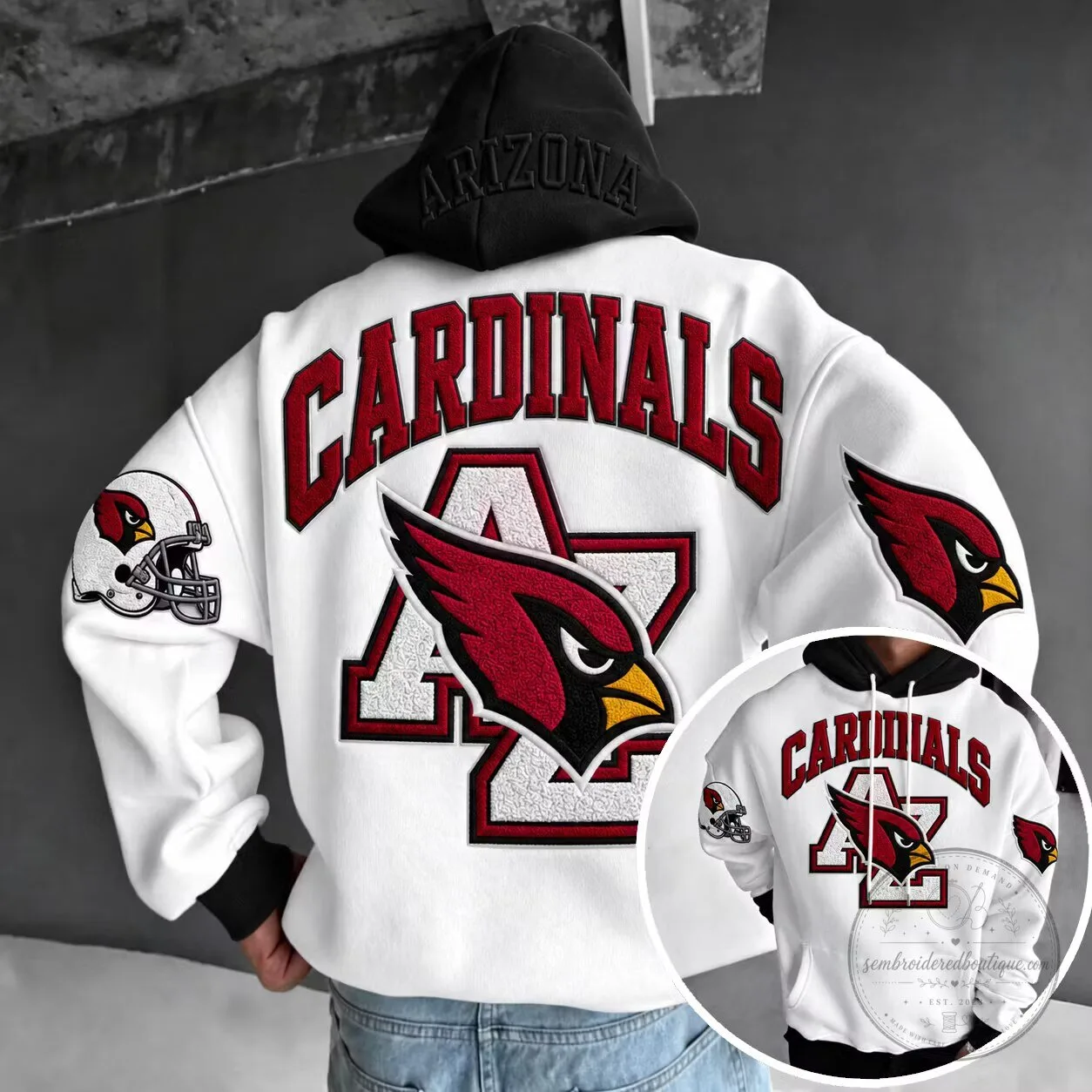 White Pullover Hoodie featuring the Arizona Cardinals Football Team Logo