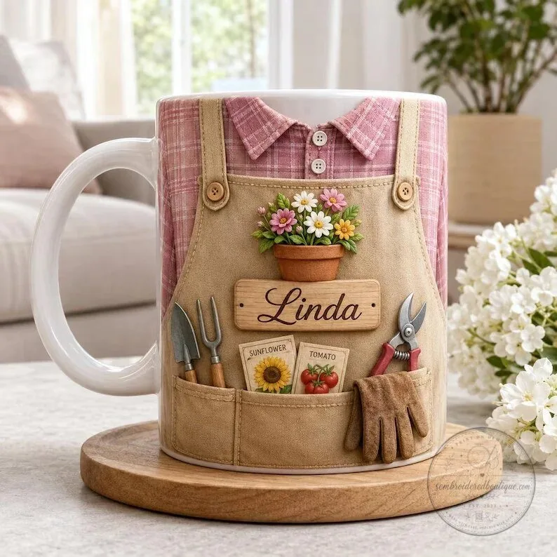 Personalized Gardener's Apron Design Coffee Mug, Custom Name Gardening Lover Gift