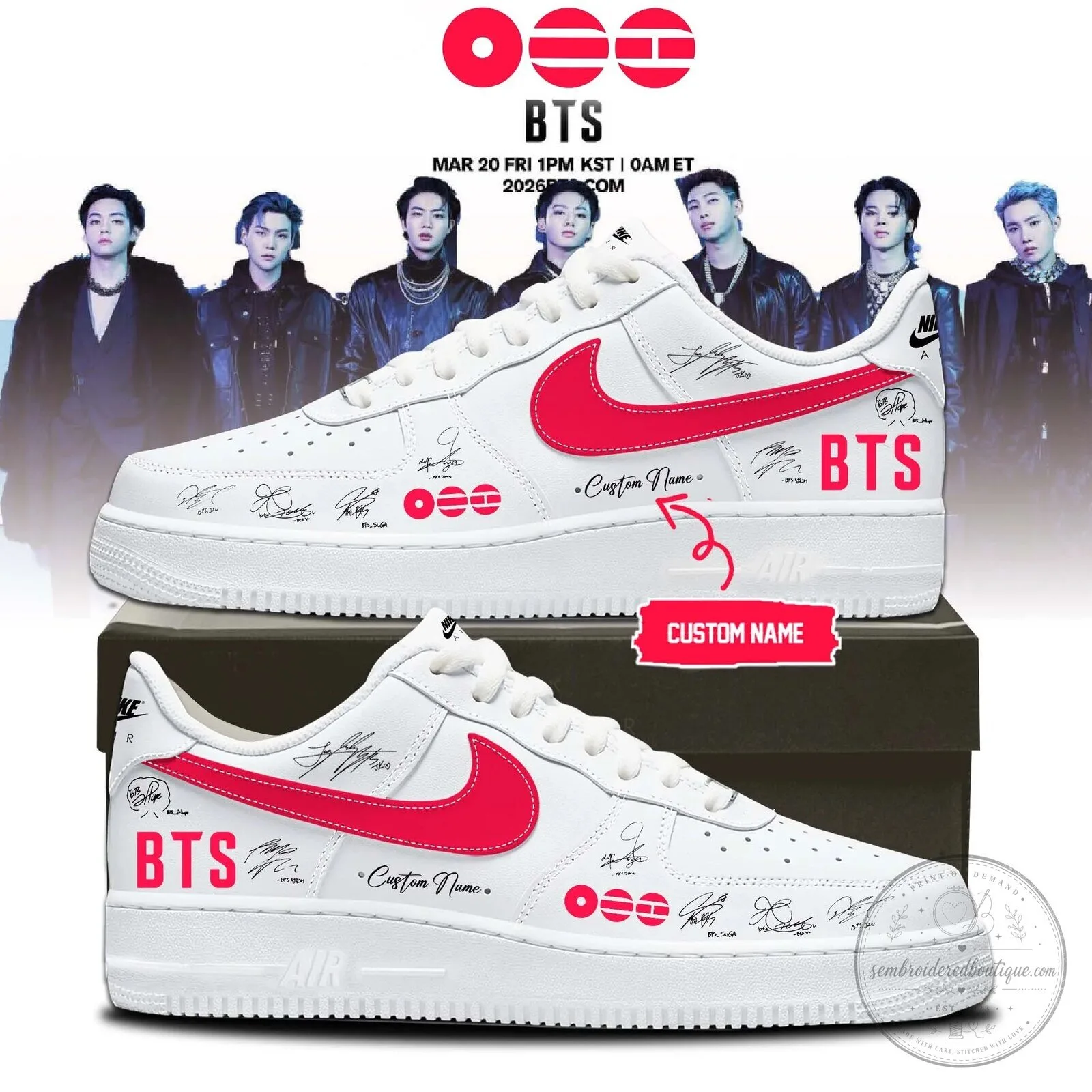 BTS K-Pop Band Signatures Custom Name White Sneakers