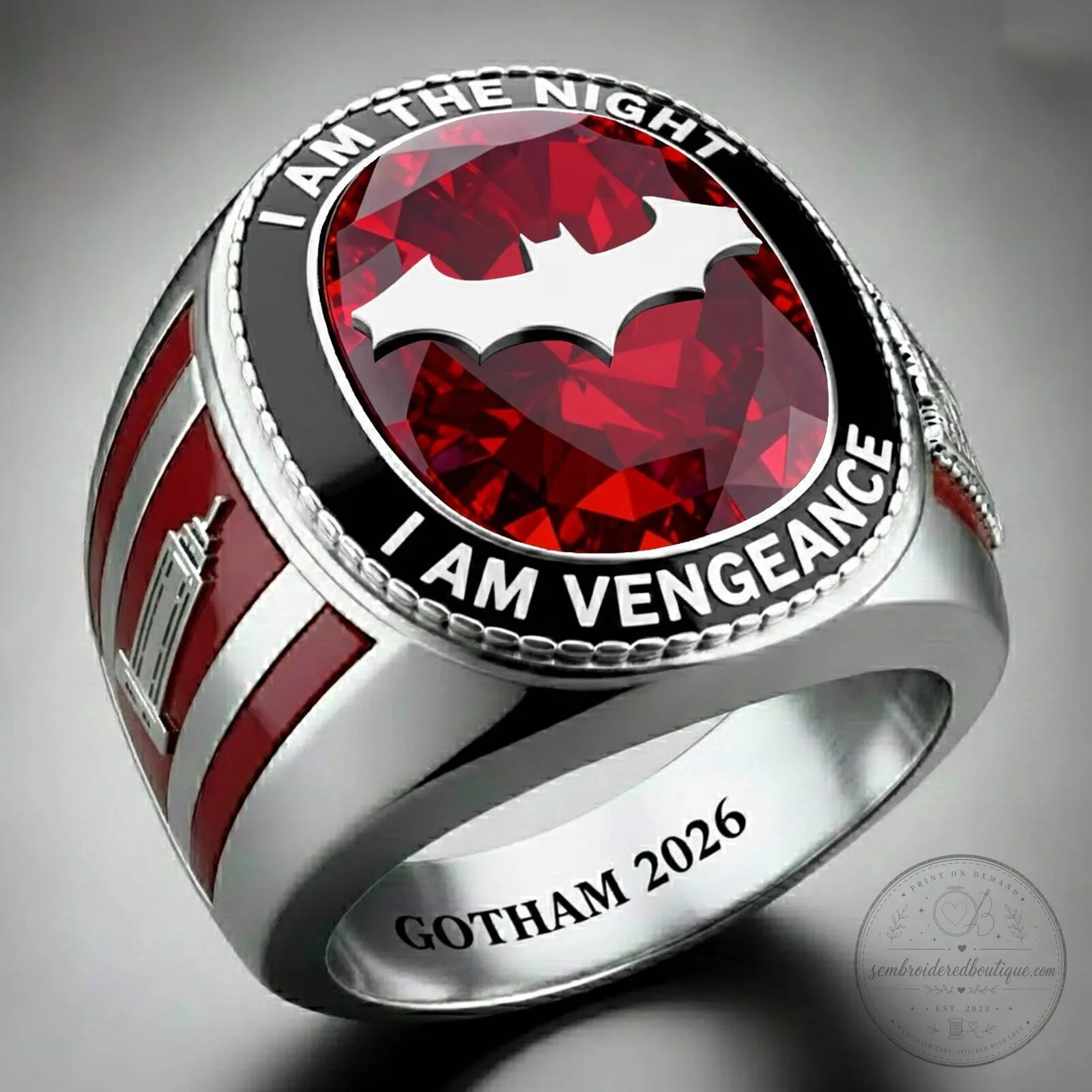 Batman I Am The Night I Am Vengeance Gotham City Red Gemstone Ring