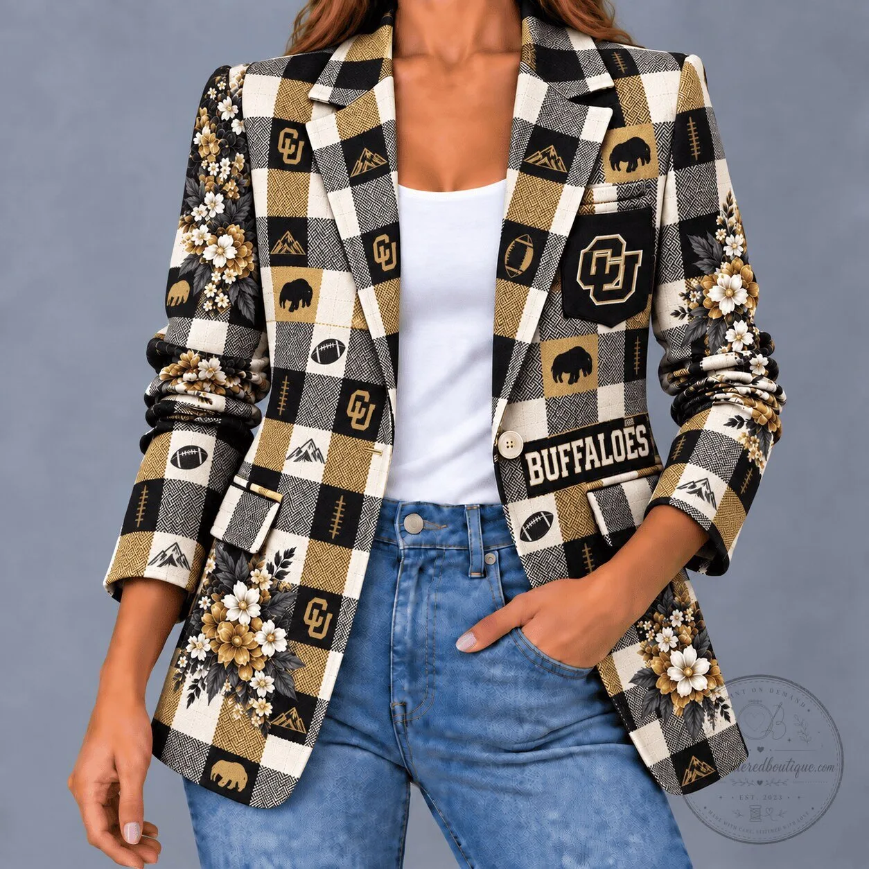 Colorado Buffaloes Football Floral Plaid Women's Blazer Jacket
