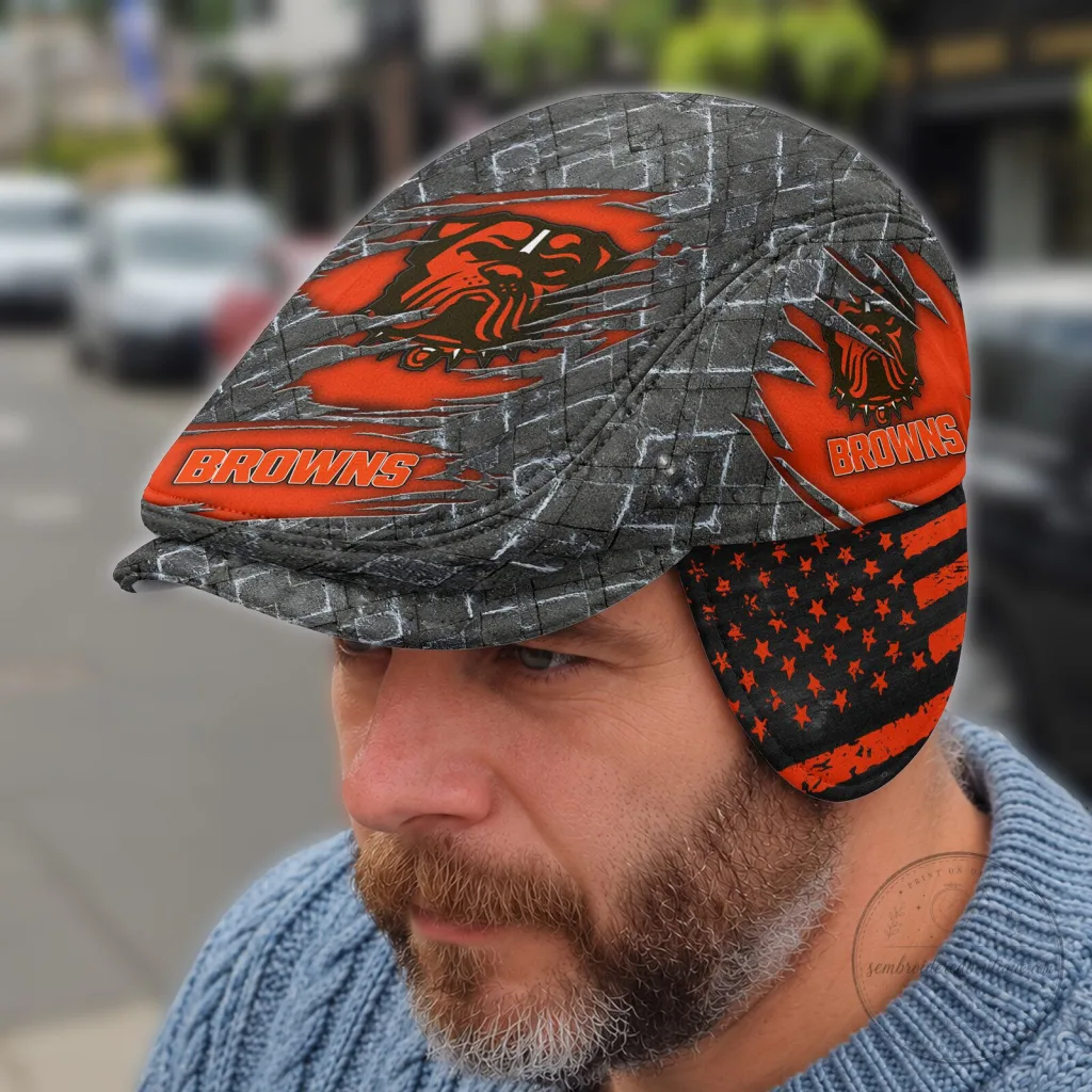 Cleveland Browns NFL Flat Cap with Foldable Ear Flaps and American Flag Design Cleveland Browns NFL Flat Cap with Foldable Ear Flaps and American Flag Design
