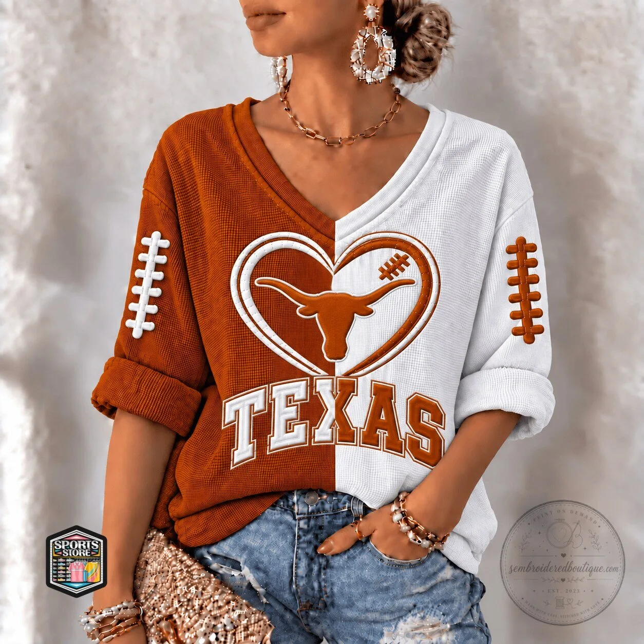 Texas Longhorns Football Heart Split Color V-Neck Long Sleeve T-Shirt 13 Texas Longhorns Football Heart Split Color V-Neck Long Sleeve T-Shirt
