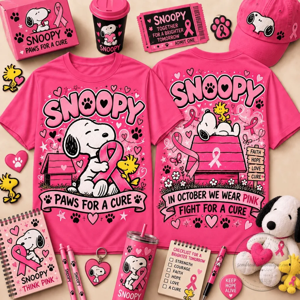 Snoopy Paws For A Cure Breast Cancer Awareness Pink Ribbon T-Shirt For Women Snoopy Paws For A Cure Breast Cancer Awareness Pink Ribbon T-Shirt For Women