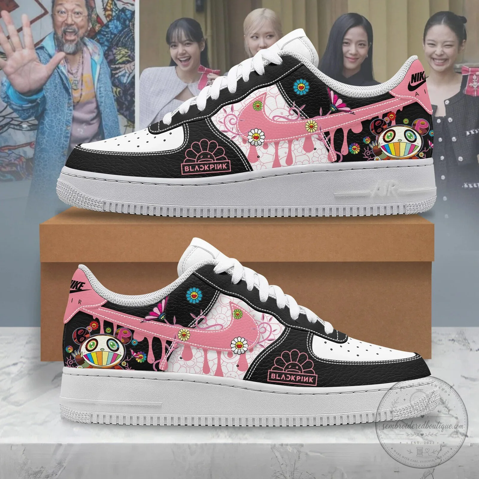 Blackpink K-Pop Music Band Pink Floral Pattern White Sneakers
