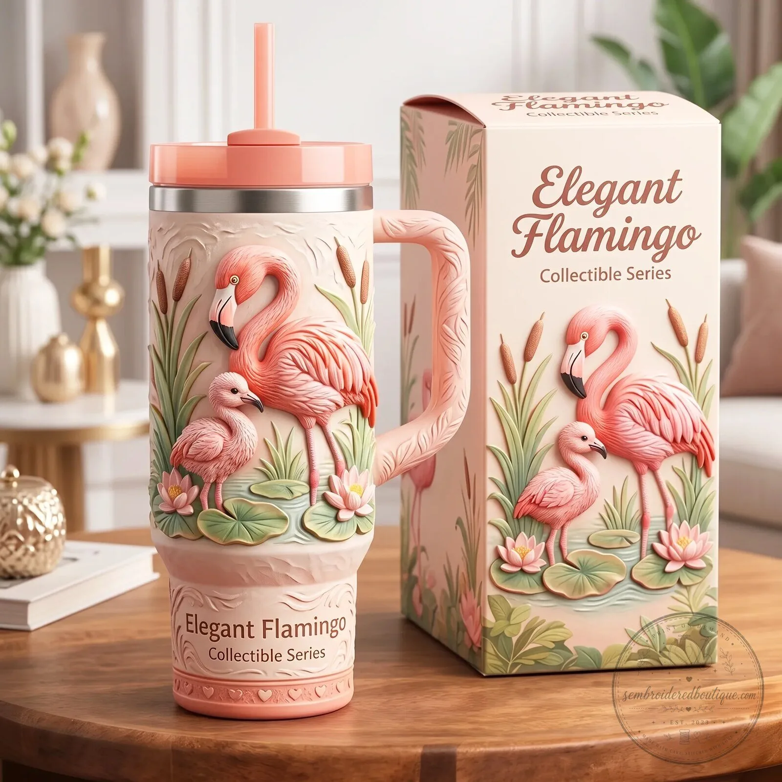 Elegant Flamingo Collectible Series Insulated Stainless Steel Tumbler with Handle