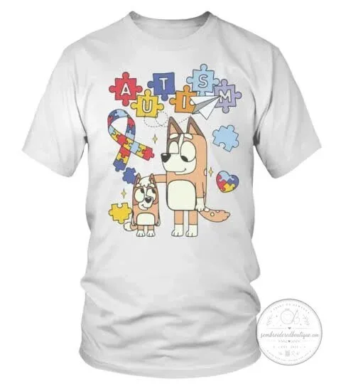 Bluey And Bingo Autism Awareness Puzzle Pieces White T-Shirt