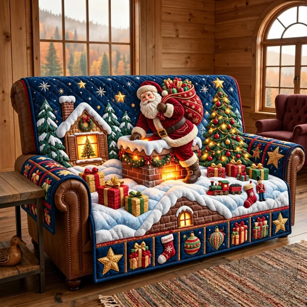 Christmas Santa Claus Holiday Patchwork Quilted Sofa Cover Christmas Santa Claus Holiday Patchwork Quilted Sofa Cover