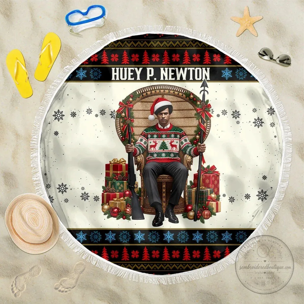 Huey P. Newton Black Panther Christmas Holiday Round Beach Blanket 1 Huey P. Newton Black Panther Christmas Holiday Round Beach Blanket