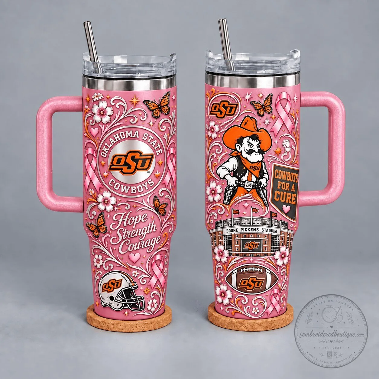 Oklahoma State Cowboys Breast Cancer Awareness Hope Strength Courage Tumbler