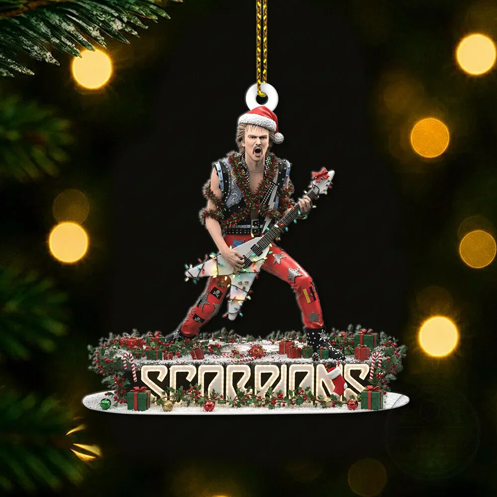 Scorpions Rudolf Schenker Christmas Ornament with Guitar and Santa Hat