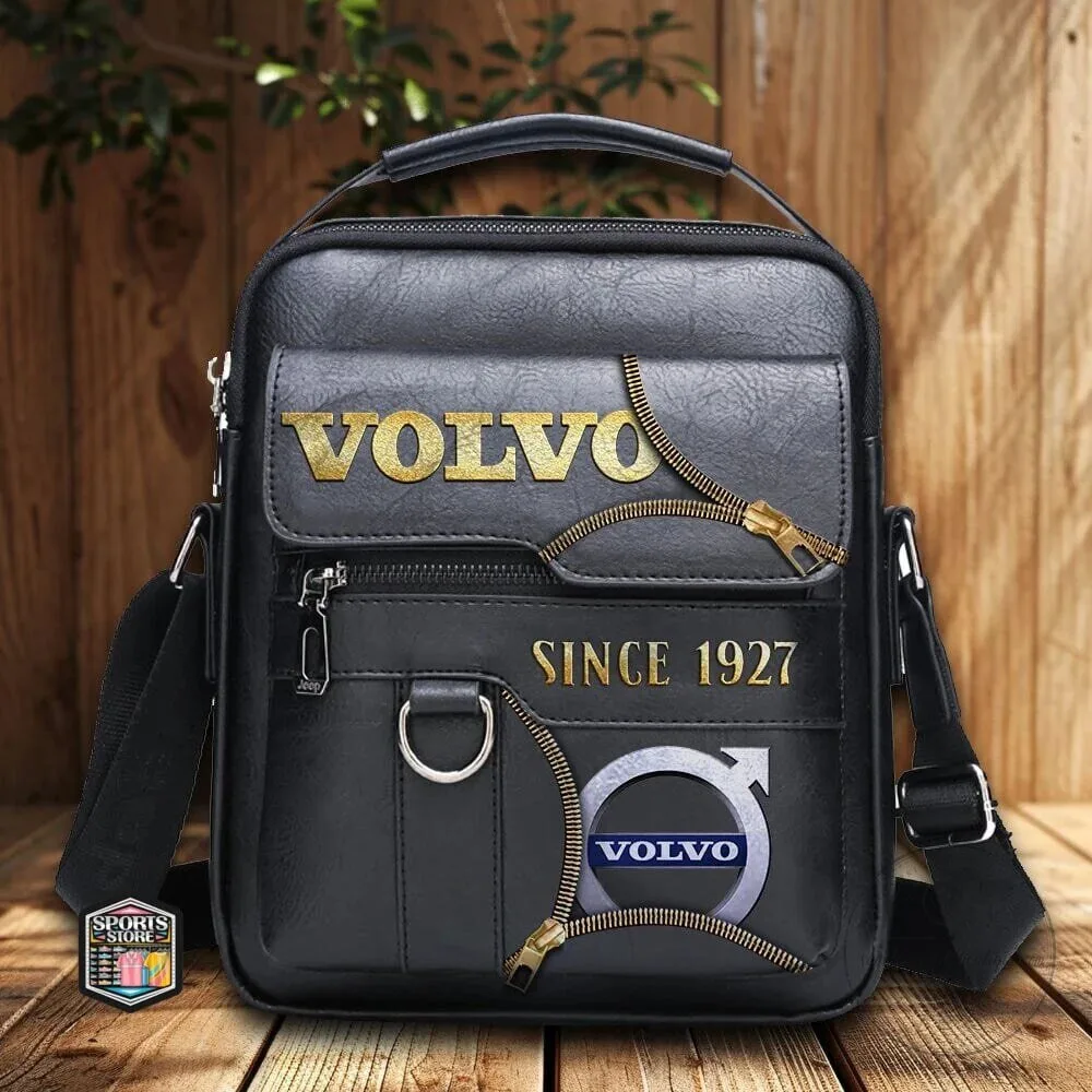 Volvo Since 1927 Gold Logo Black Leather Crossbody Shoulder Bag