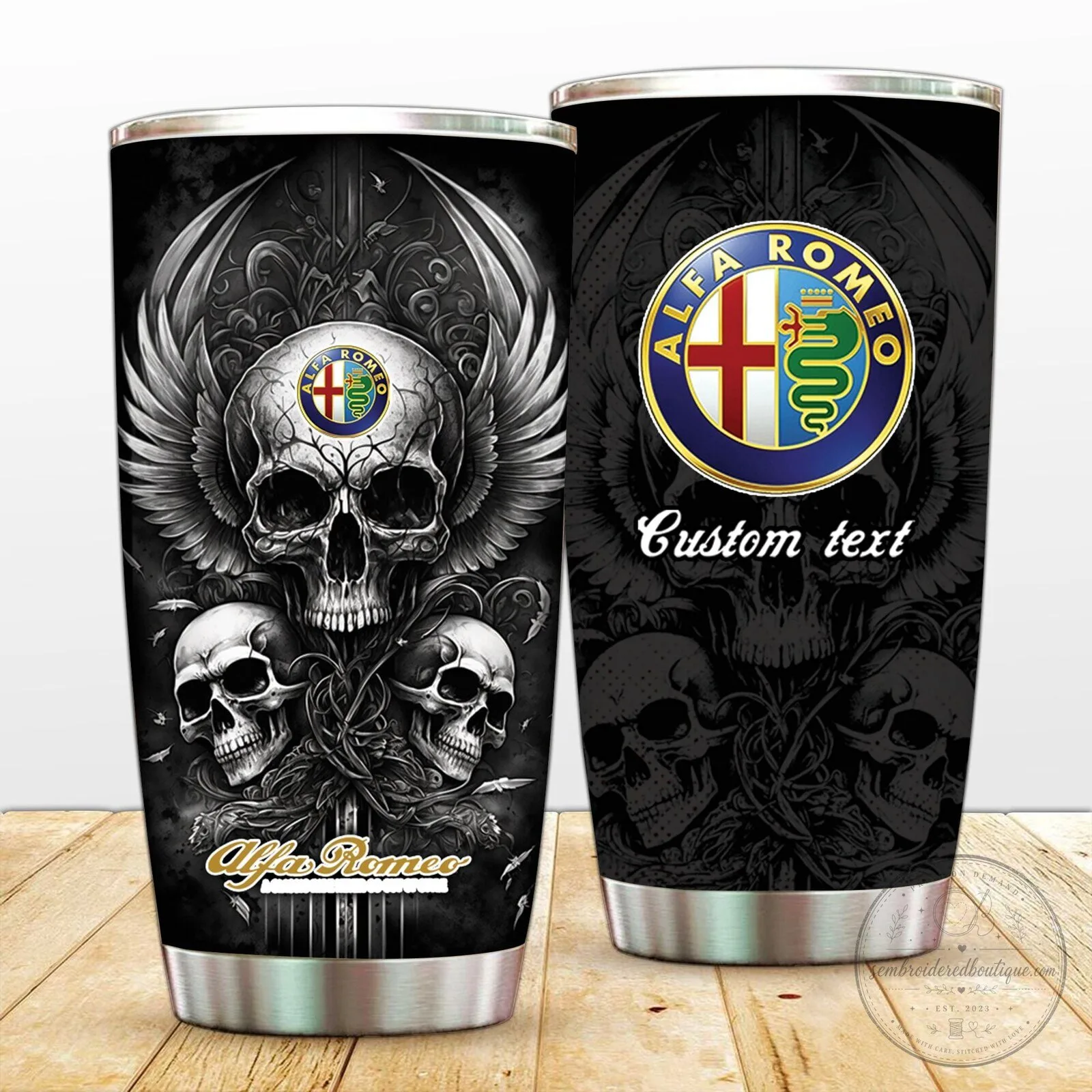 Alfa Romeo Skull Wings Custom Name Stainless Steel Tumbler