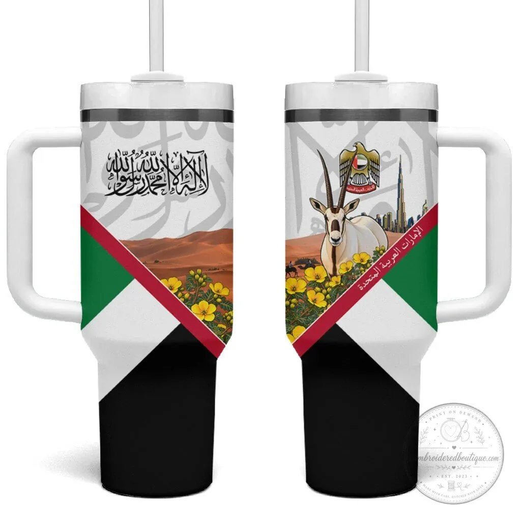 United Arab Emirates National Day Arabian Oryx Desert Landscape Tumbler With Handle