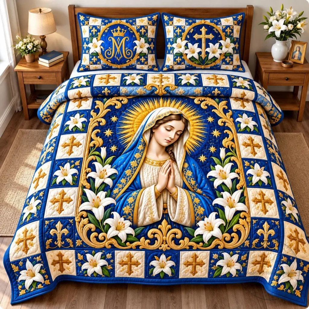 Blessed Virgin Mary Madonna Lilies Christian Quilted Bedding Set Blessed Virgin Mary Madonna Lilies Christian Quilted Bedding Set