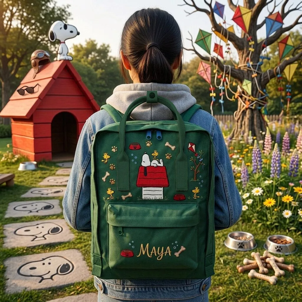 Snoopy Embroidered Green Backpack with Woodstock and Charlie Brown Doghouse Design 5 Snoopy Embroidered Green Backpack with Woodstock and Charlie Brown Doghouse Design