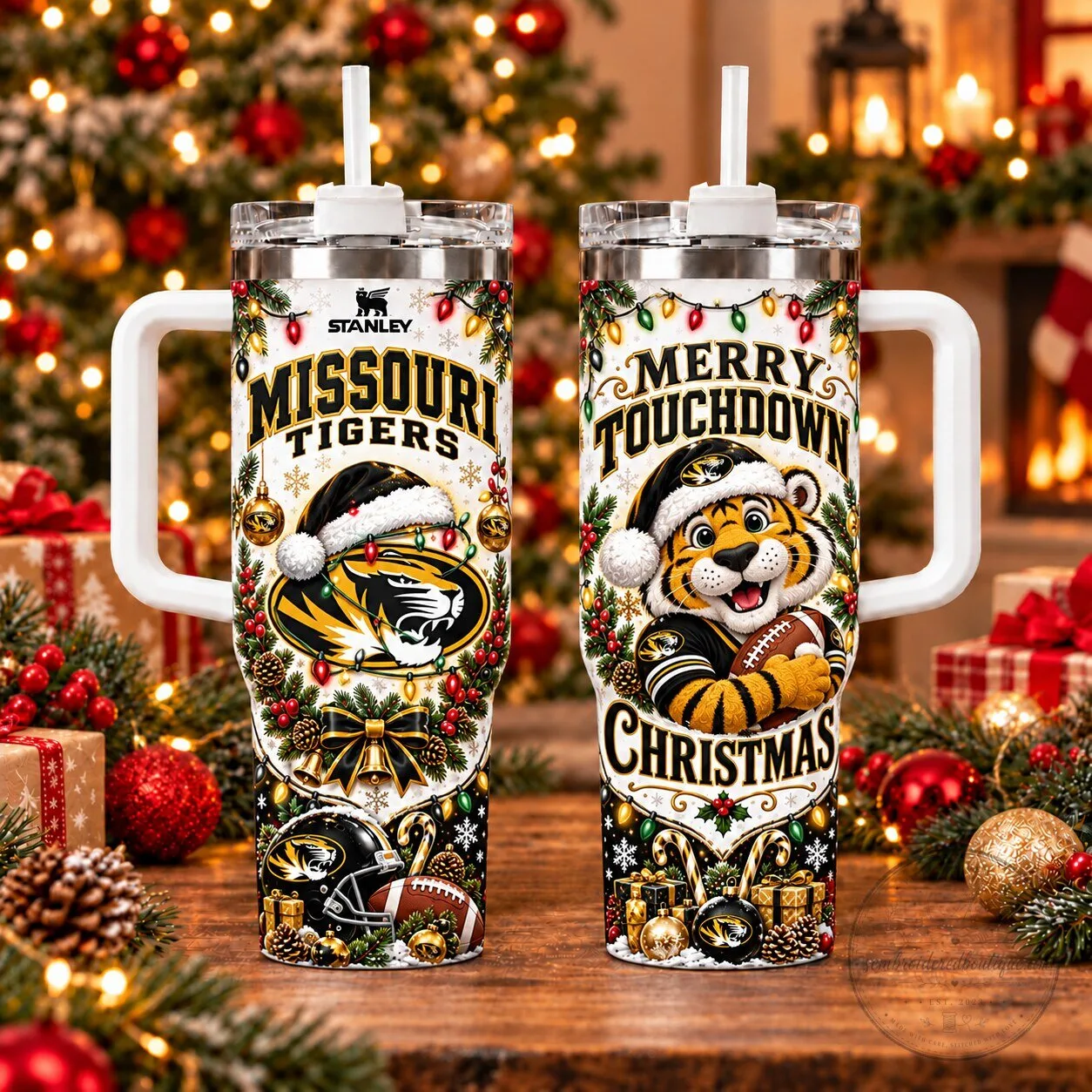 Missouri Tigers Merry Touchdown Christmas Holiday Stainless Steel Tumbler with Handle