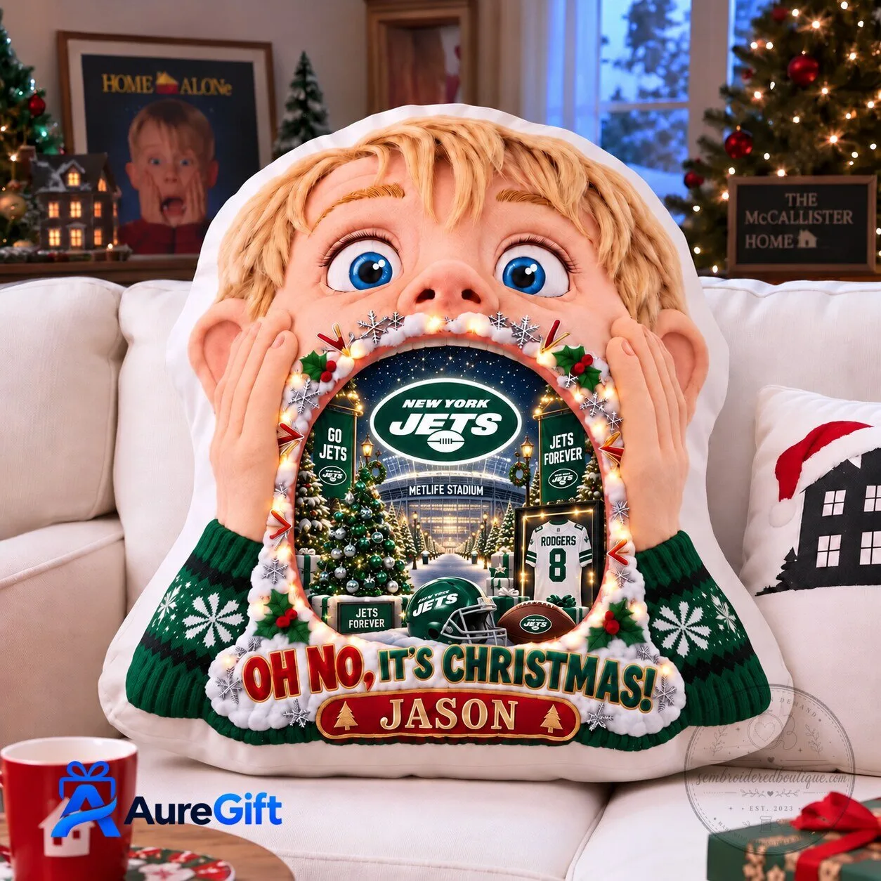 New York Jets Home Alone Christmas Personalized Throw Pillow