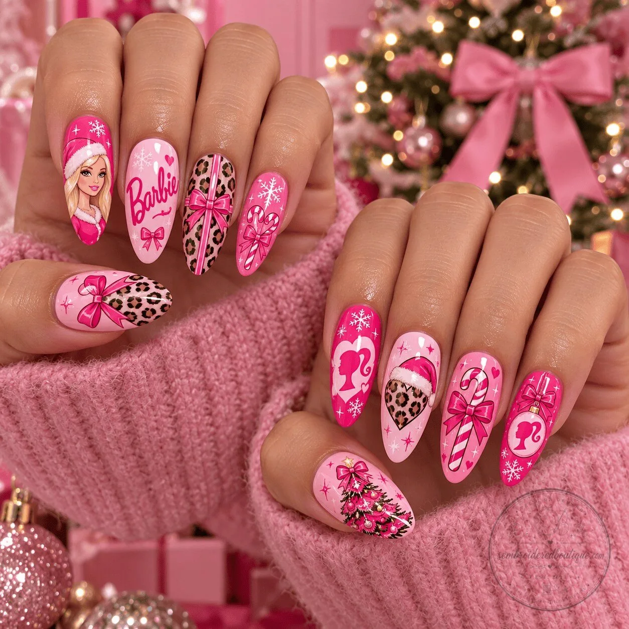 Pink Leopard Print Press-On Nails Set for Barbie Christmas Holiday
