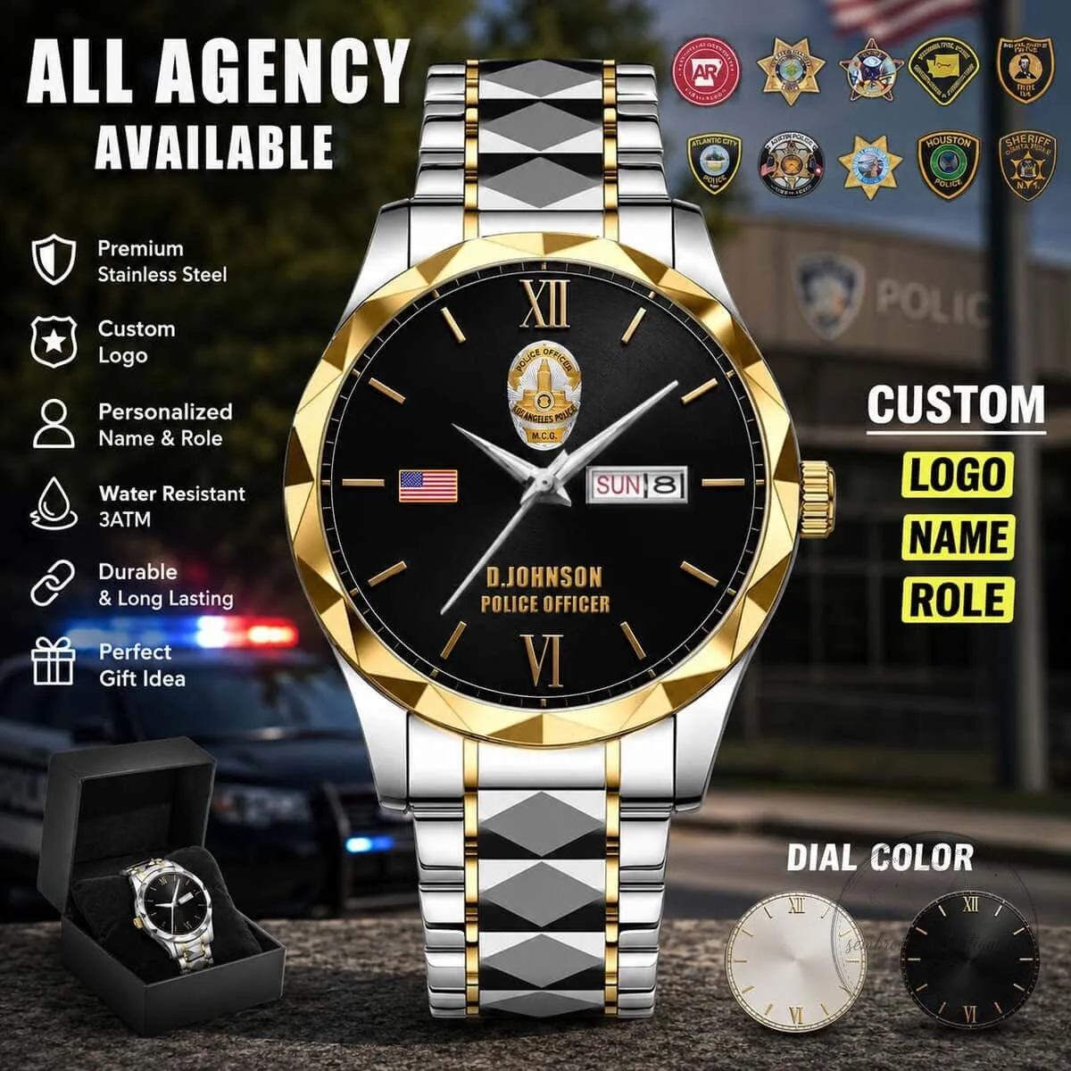 Personalized Police Officer Stainless Steel Day Date Wrist Watch