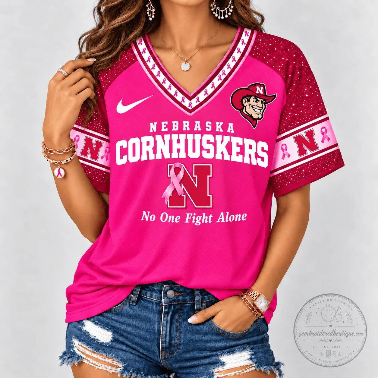 Nebraska Cornhuskers No One Fights Alone Breast Cancer Awareness V-Neck T-Shirt