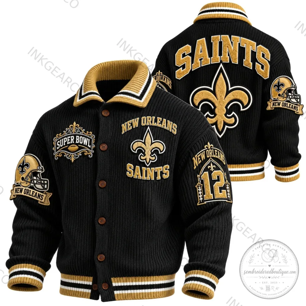 New Orleans Saints Super Bowl Champions Black Gold Varsity Jacket New Orleans Saints Super Bowl Champions Black Gold Varsity Jacket