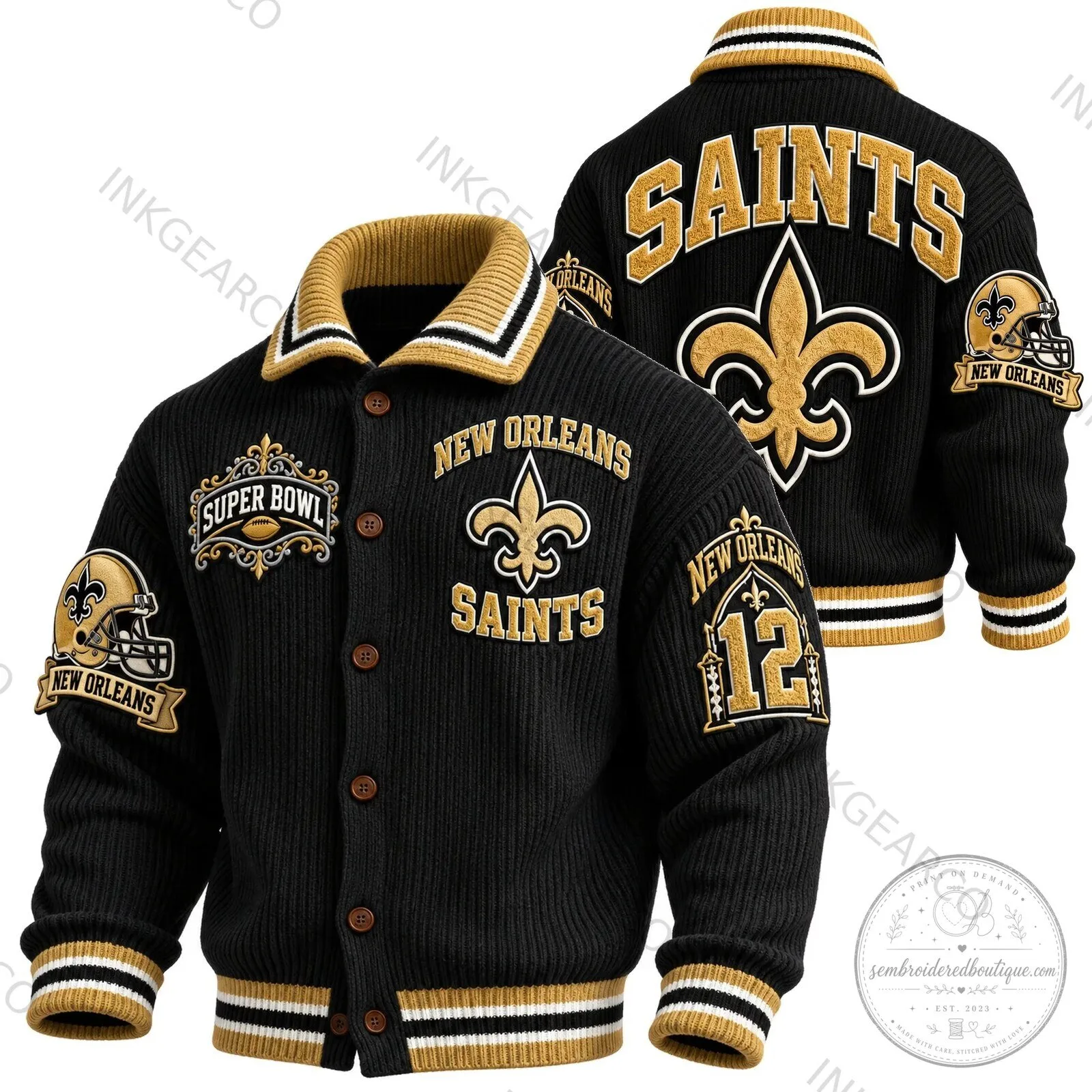 New Orleans Saints Super Bowl Champions Black Gold Varsity Jacket 5 New Orleans Saints Super Bowl Champions Black Gold Varsity Jacket