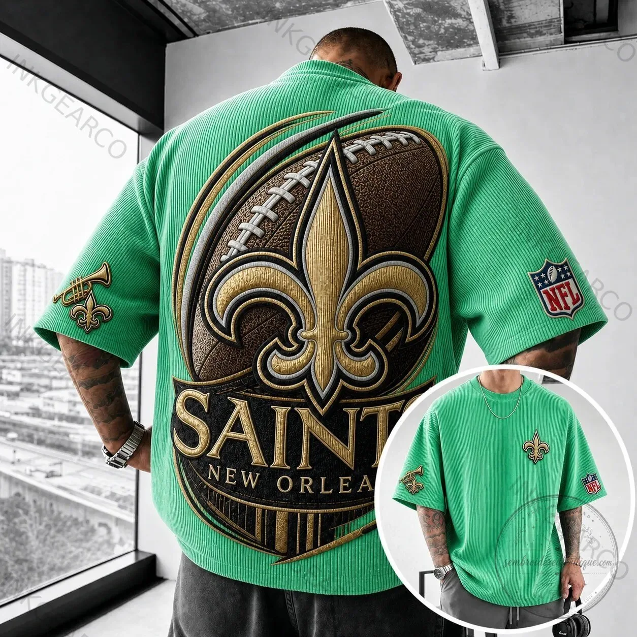 New Orleans Saints American Football Team Logo Embroidered Green Oversized T-Shirt 2 New Orleans Saints American Football Team Logo Embroidered Green Oversized T-Shirt