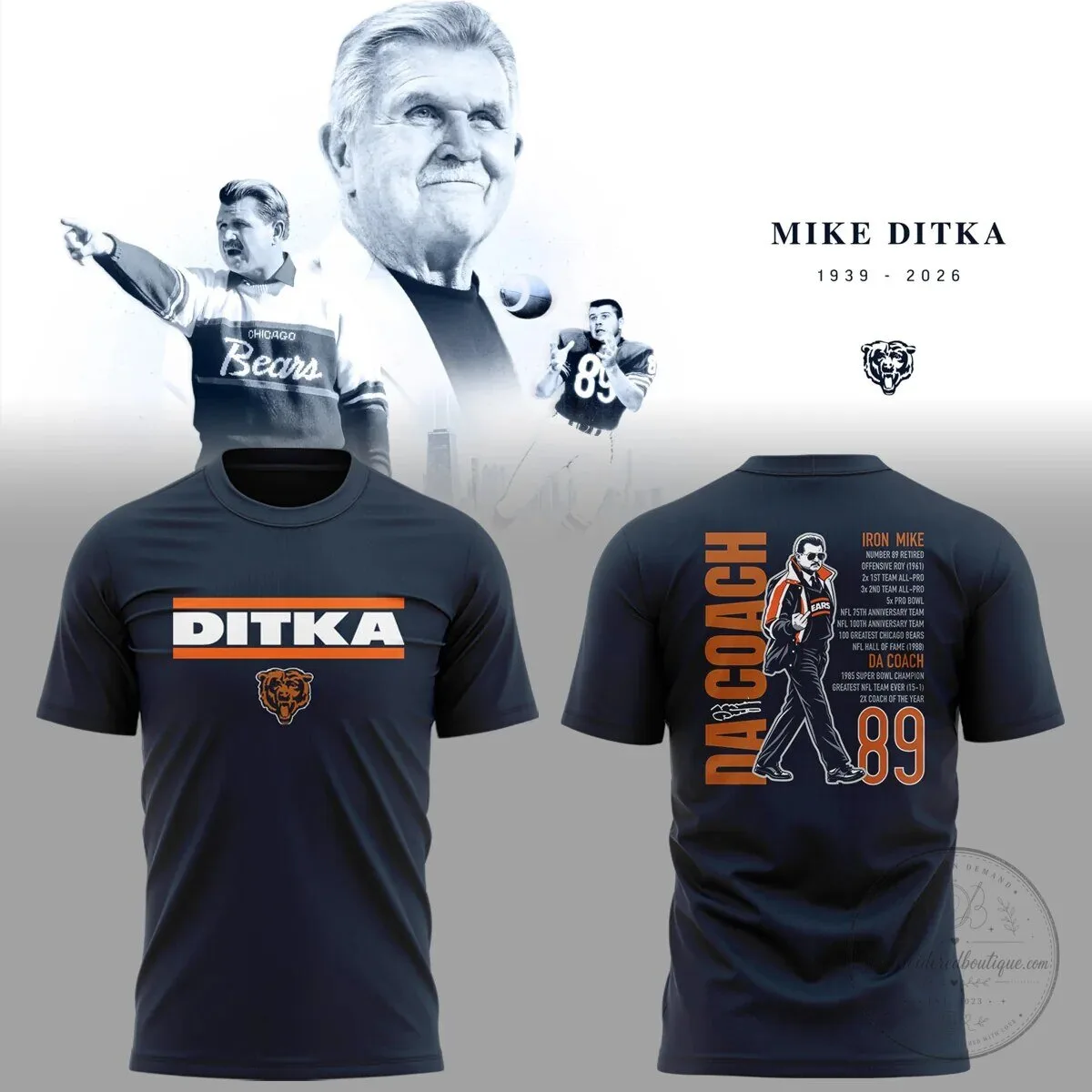 Tribute Graphic T-Shirt for Football Legend Mike Ditka of the Chicago Bears