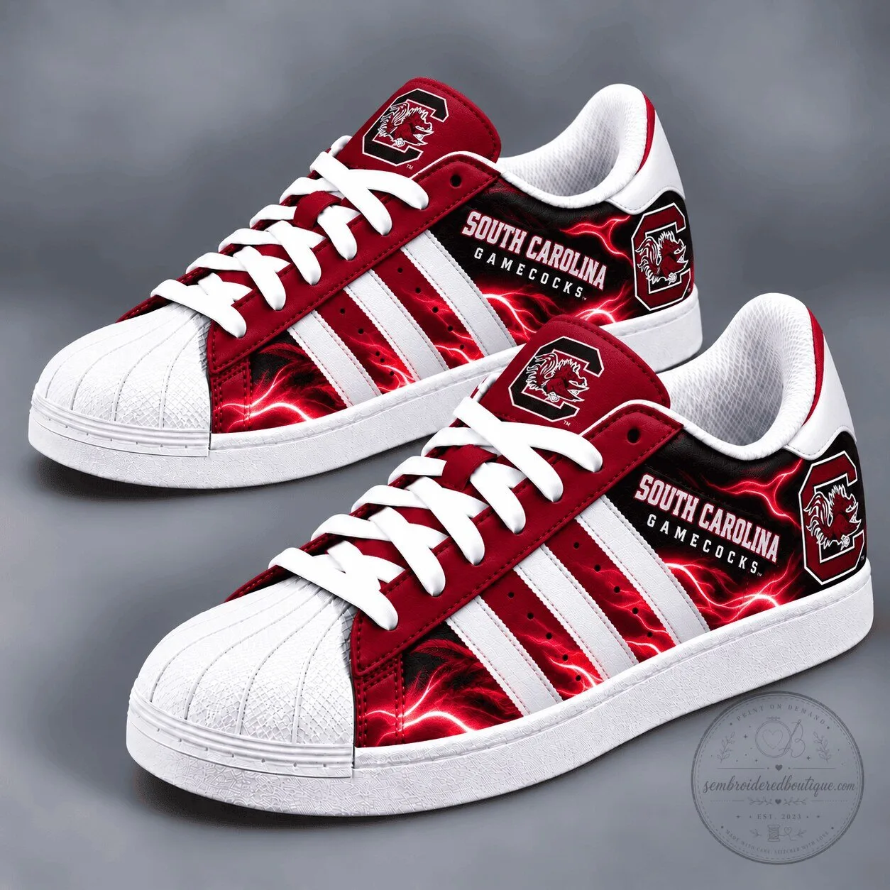 South Carolina Gamecocks NCAA Scarlet Thunder Superstar Shoes for Men and Women 2 South Carolina Gamecocks NCAA Scarlet Thunder Superstar Shoes for Men and Women