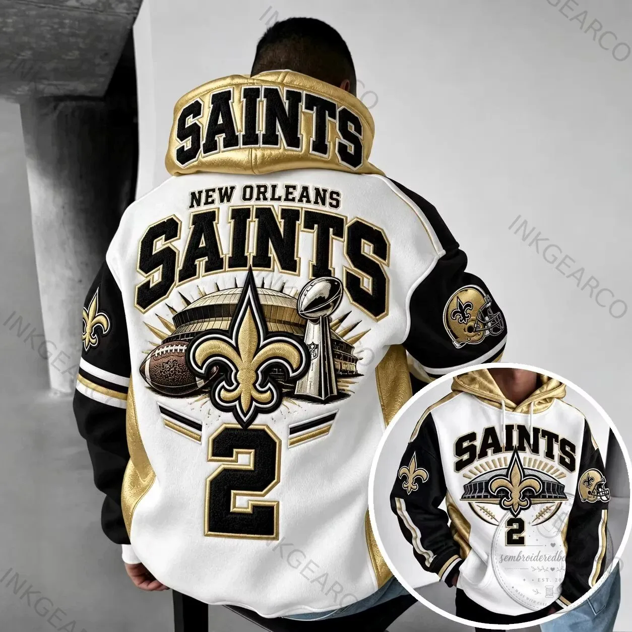 Hoodie featuring Black, Gold, and White Design for New Orleans Saints Football Team 2 Hoodie featuring Black, Gold, and White Design for New Orleans Saints Football Team