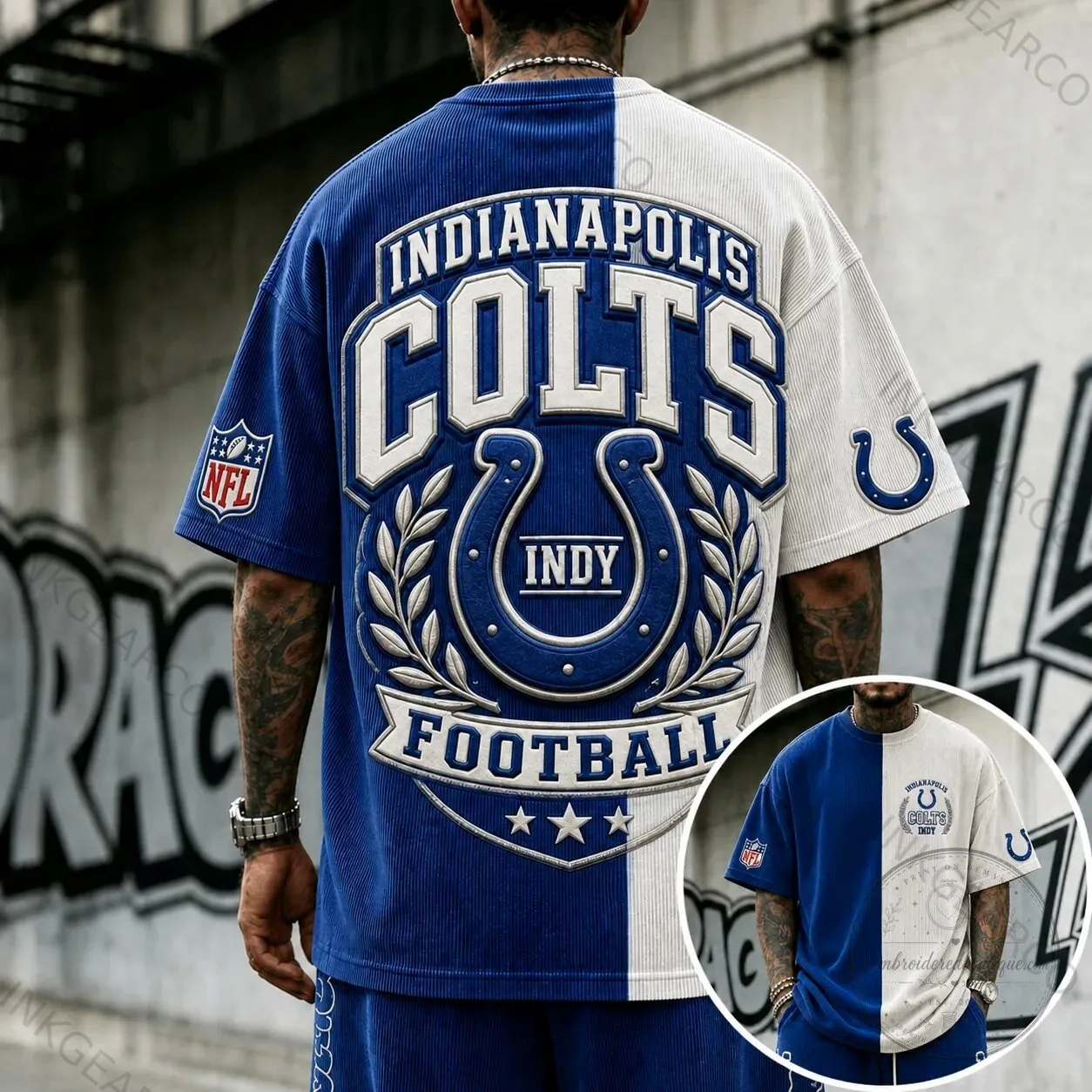 Indianapolis Colts Football Team Blue and White Split Design T-Shirt 1 Indianapolis Colts Football Team Blue and White Split Design T-Shirt