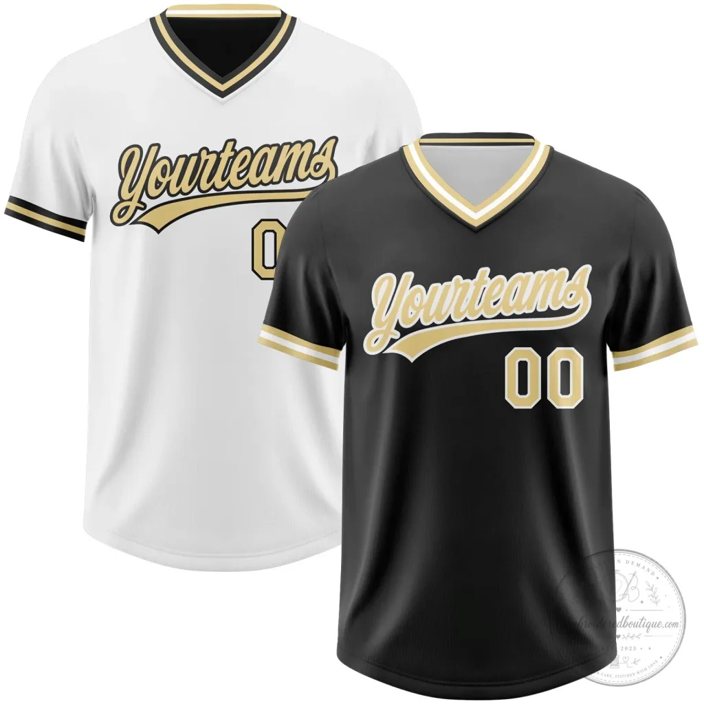 Custom Black and White Reversible Baseball Jersey with Gold Trim Custom Black and White Reversible Baseball Jersey with Gold Trim