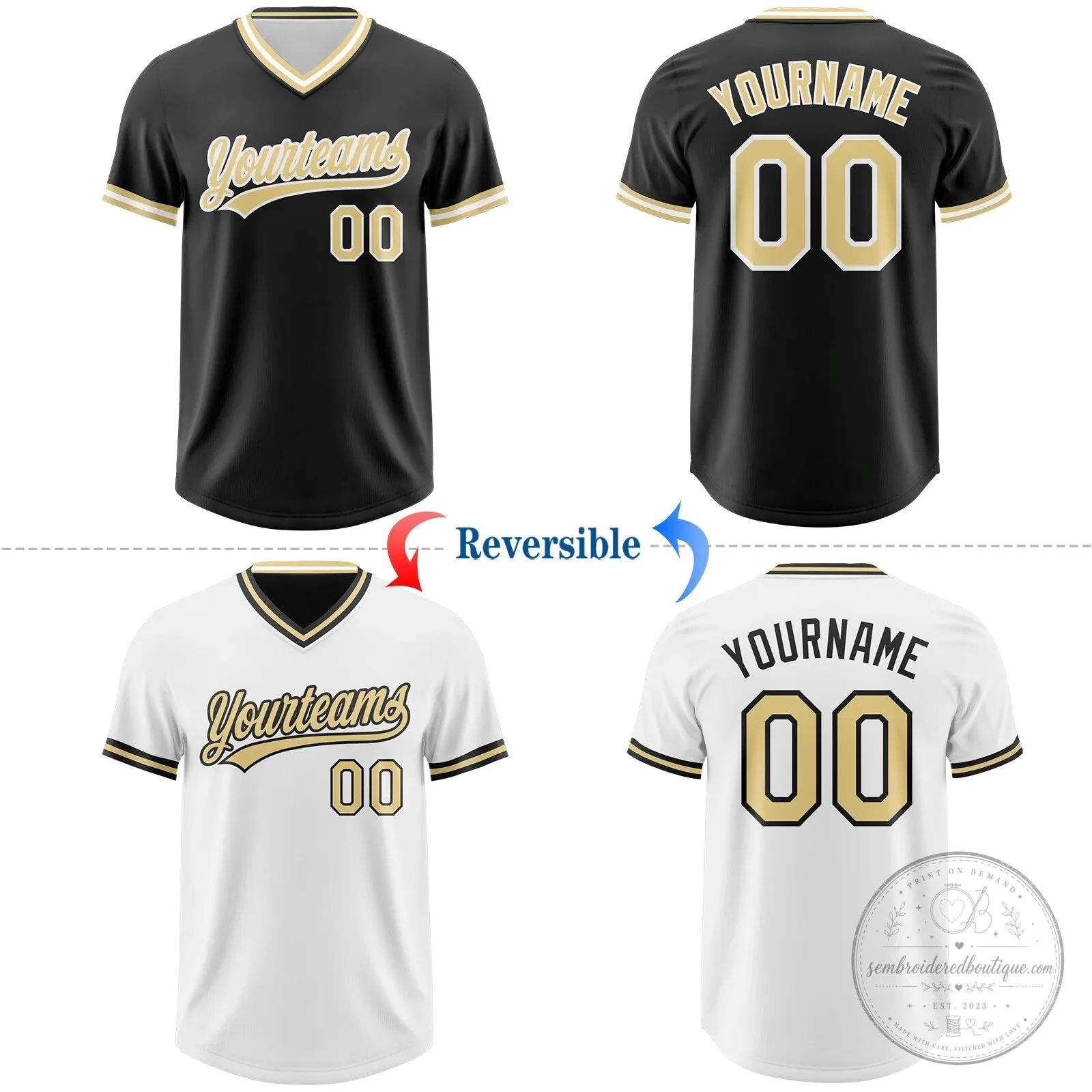 Custom Black and White Reversible Baseball Jersey with Gold Trim 12 Custom Black and White Reversible Baseball Jersey with Gold Trim