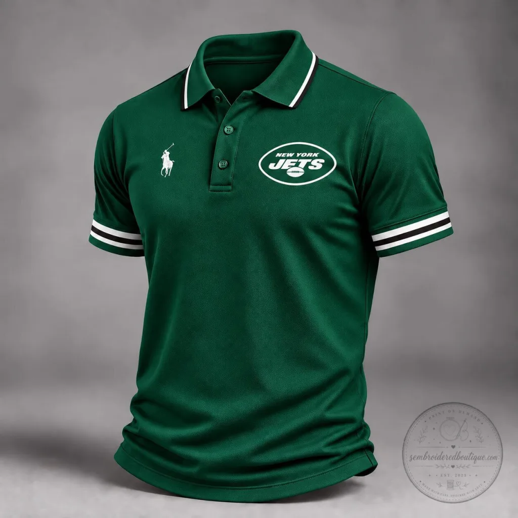 New York Jets NFL Football Team Green Striped Collar Polo Shirt New York Jets NFL Football Team Green Striped Collar Polo Shirt