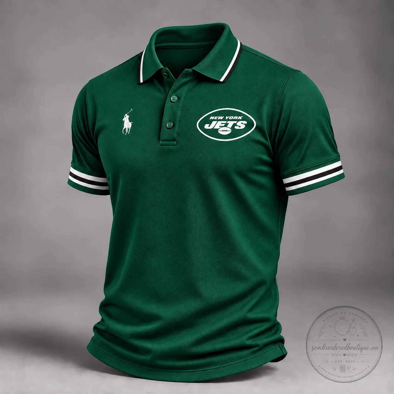 New York Jets NFL Football Team Green Striped Collar Polo Shirt
